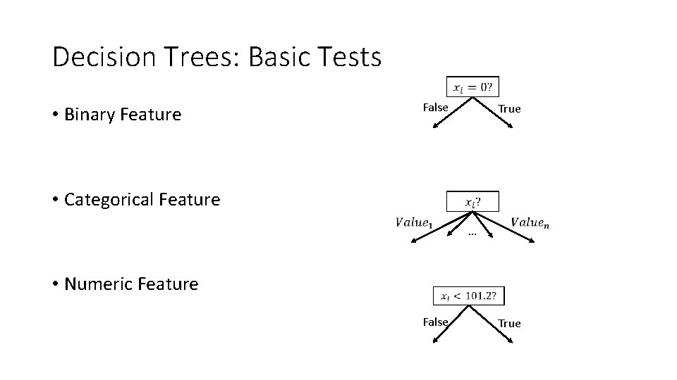 Decision Trees: Basic Tests • Binary Feature False True • Categorical Feature … • Decision Trees: Basic Tests • Binary Feature False True • Categorical Feature … •
