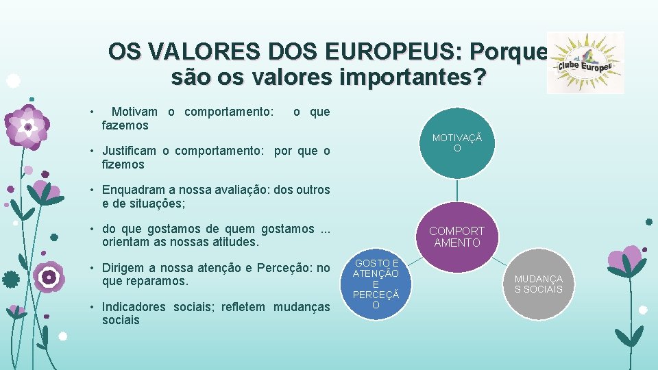 OS VALORES DOS EUROPEUS: Porque são os valores importantes? • Motivam o comportamento: fazemos