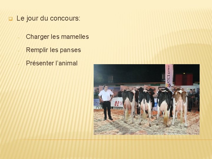 q Le jour du concours: - Charger les mamelles - Remplir les panses -