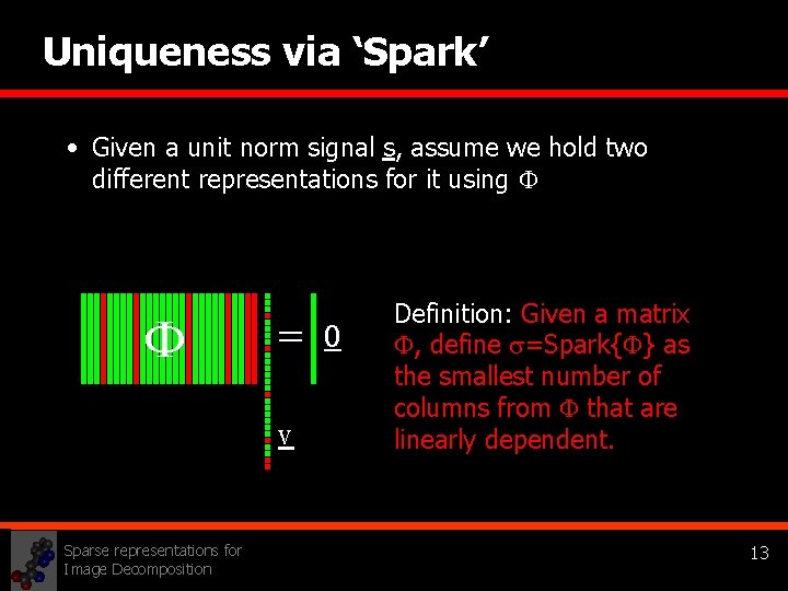 Uniqueness via ‘Spark’ • Given a unit norm signal s, assume we hold two