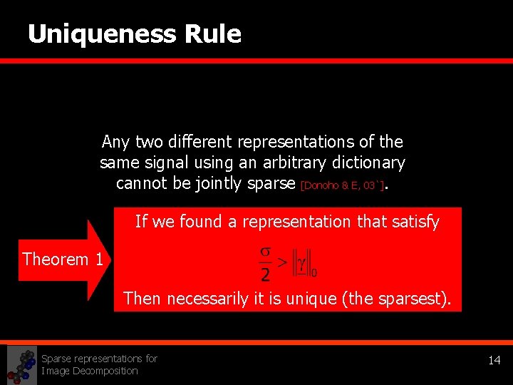 Uniqueness Rule Any two different representations of the same signal using an arbitrary dictionary