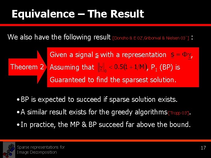 Equivalence – The Result We also have the following result [Donoho & E 02’,