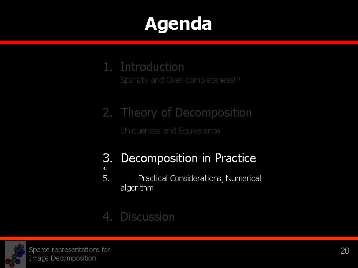 Agenda 1. Introduction Sparsity and Over-completeness!? 2. Theory of Decomposition Uniqueness and Equivalence 3.