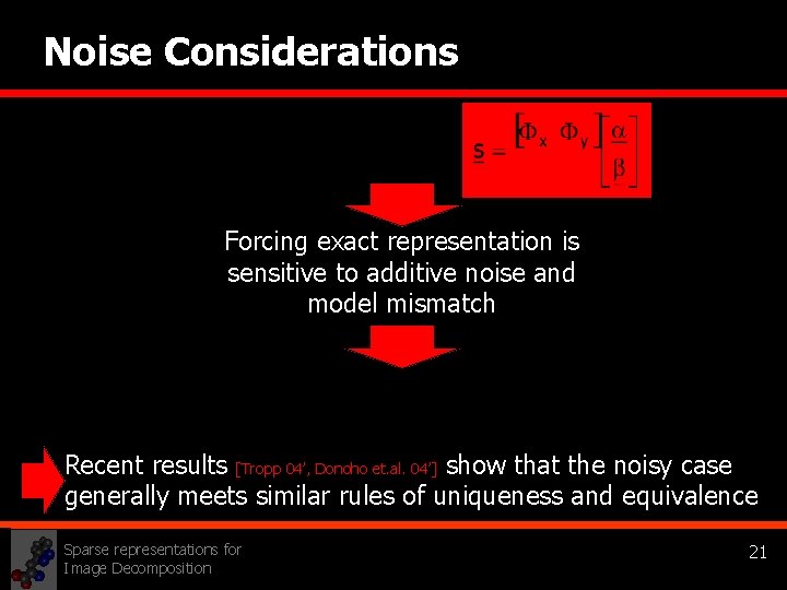 Noise Considerations Forcing exact representation is sensitive to additive noise and model mismatch Recent
