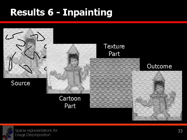 Results 6 - Inpainting Texture Part Outcome Source Cartoon Part Sparse representations for Image