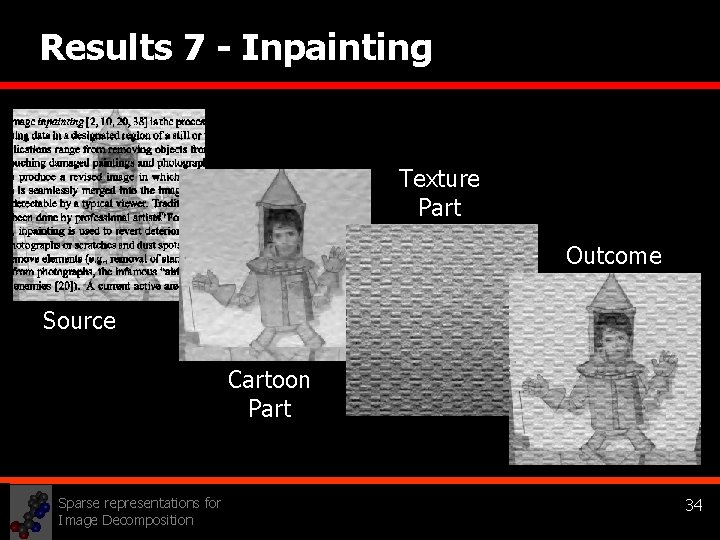 Results 7 - Inpainting Texture Part Outcome Source Cartoon Part Sparse representations for Image