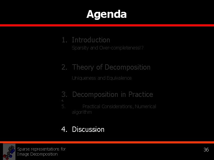 Agenda 1. Introduction Sparsity and Over-completeness!? 2. Theory of Decomposition Uniqueness and Equivalence 3.