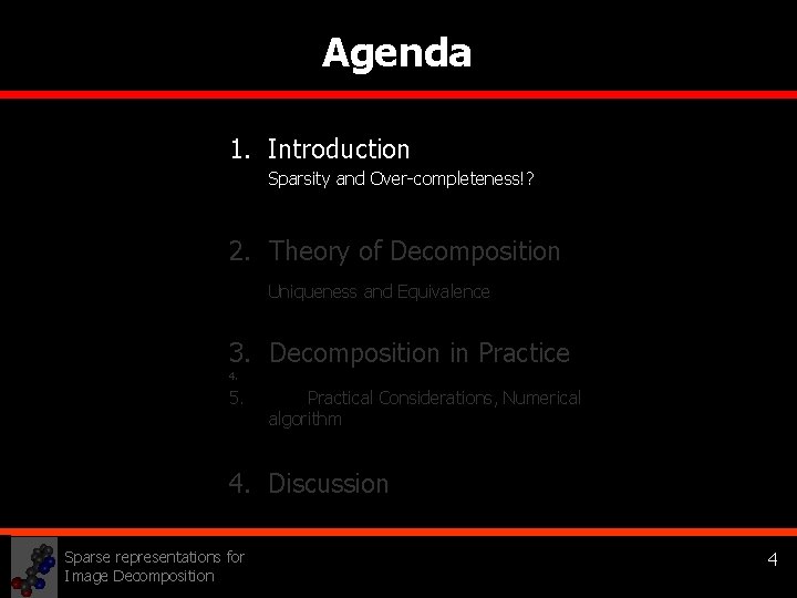 Agenda 1. Introduction Sparsity and Over-completeness!? 2. Theory of Decomposition Uniqueness and Equivalence 3.