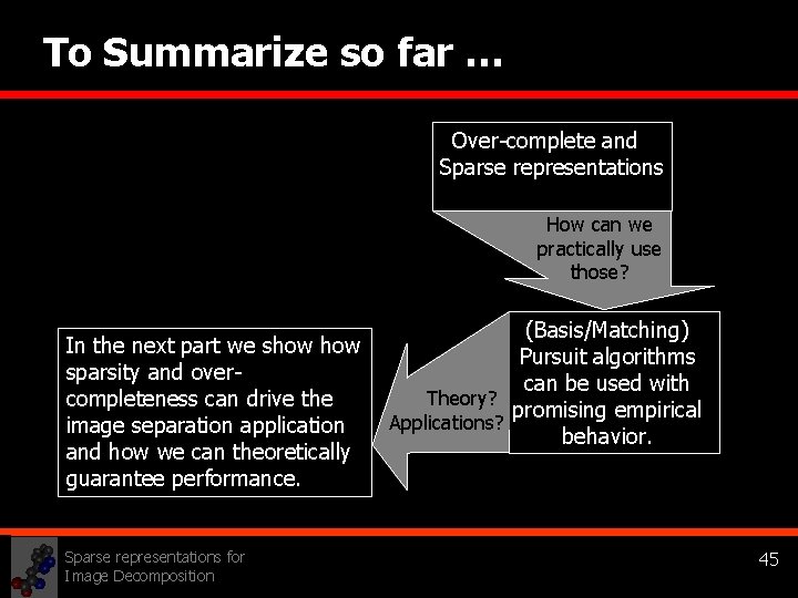 To Summarize so far … Over-complete and Sparse representations How can we practically use