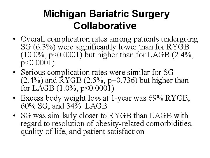 Michigan Bariatric Surgery Collaborative • Overall complication rates among patients undergoing SG (6. 3%)