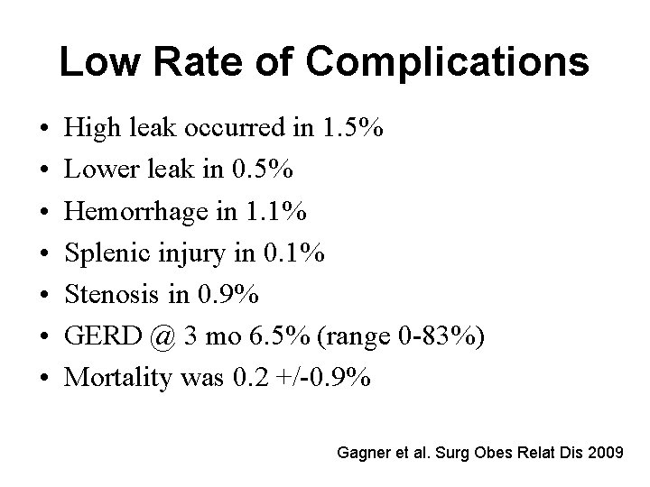 Low Rate of Complications • • High leak occurred in 1. 5% Lower leak