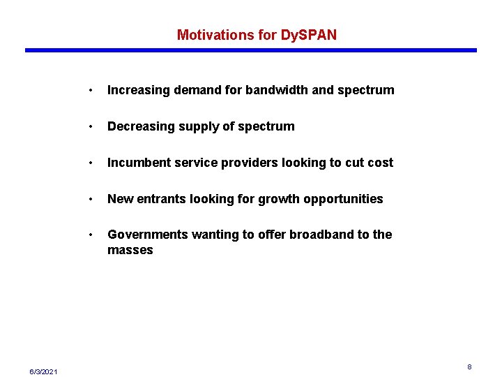 Motivations for Dy. SPAN 6/3/2021 • Increasing demand for bandwidth and spectrum • Decreasing