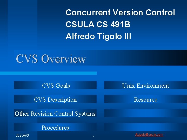 Concurrent Version Control CSULA CS 491 B Alfredo Tigolo III CVS Overview CVS Goals