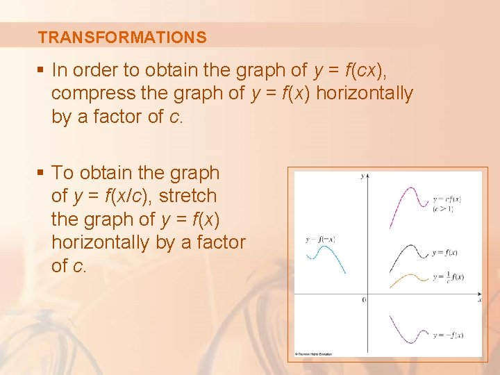 TRANSFORMATIONS § In order to obtain the graph of y = f(cx), compress the