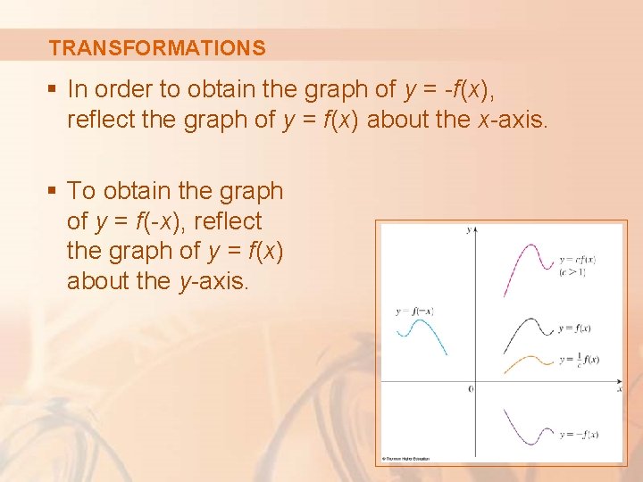 TRANSFORMATIONS § In order to obtain the graph of y = -f(x), reflect the