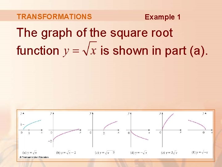 TRANSFORMATIONS Example 1 The graph of the square root function is shown in part