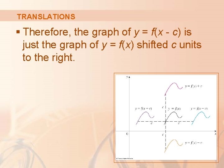 TRANSLATIONS § Therefore, the graph of y = f(x - c) is just the