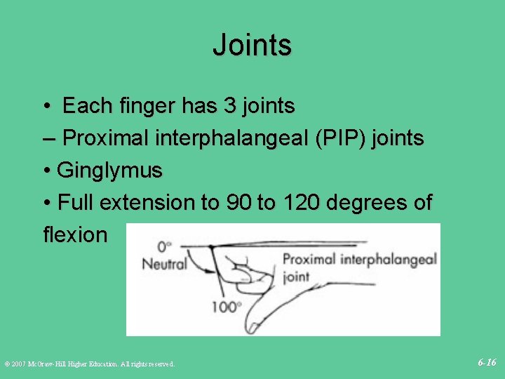 Joints • Each finger has 3 joints – Proximal interphalangeal (PIP) joints • Ginglymus