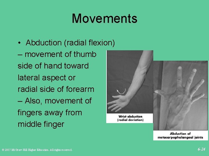 Movements • Abduction (radial flexion) – movement of thumb side of hand toward lateral