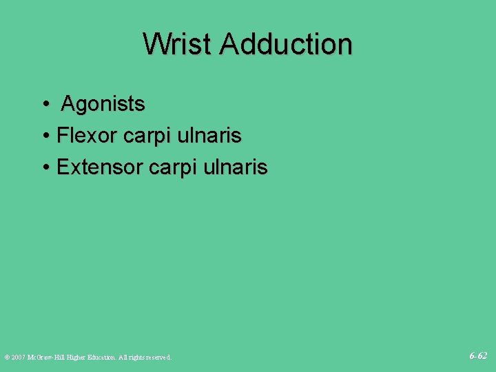 Wrist Adduction • Agonists • Flexor carpi ulnaris • Extensor carpi ulnaris © 2007