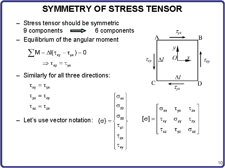SYMMETRY OF STRESS TENSOR – Stress tensor should be symmetric 9 components 6 components