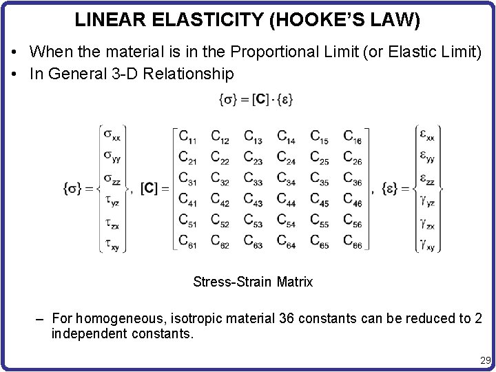 LINEAR ELASTICITY (HOOKE’S LAW) • When the material is in the Proportional Limit (or
