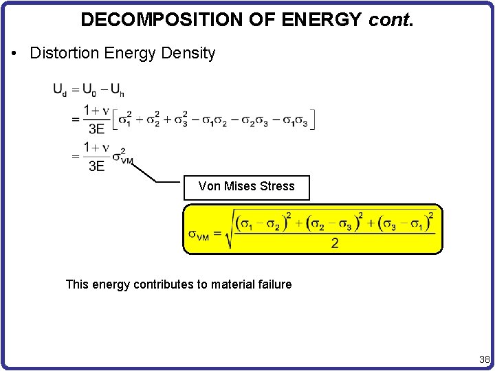 DECOMPOSITION OF ENERGY cont. • Distortion Energy Density Von Mises Stress This energy contributes