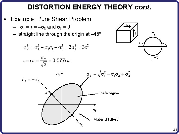 DISTORTION ENERGY THEORY cont. • Example: Pure Shear Problem – 1 = = –