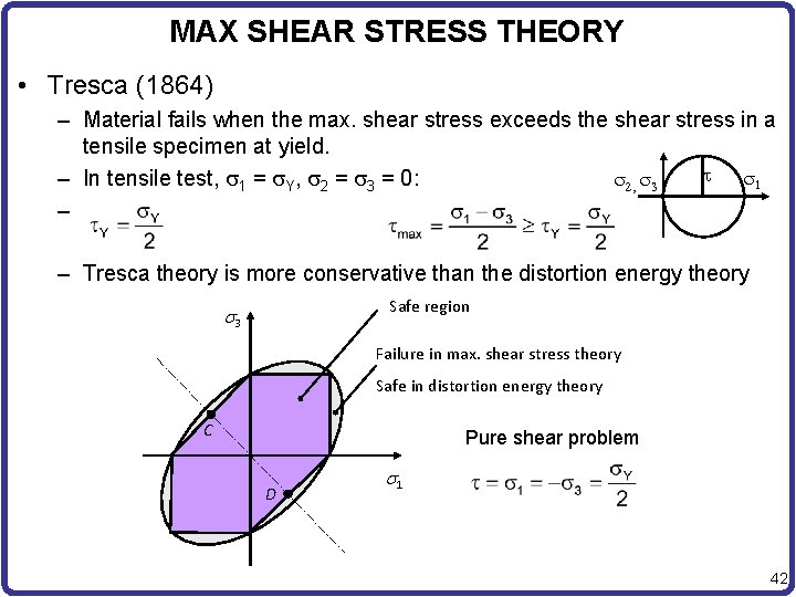 MAX SHEAR STRESS THEORY • Tresca (1864) – Material fails when the max. shear