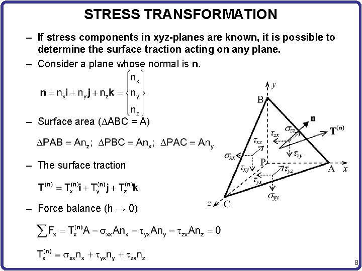 STRESS TRANSFORMATION – If stress components in xyz-planes are known, it is possible to