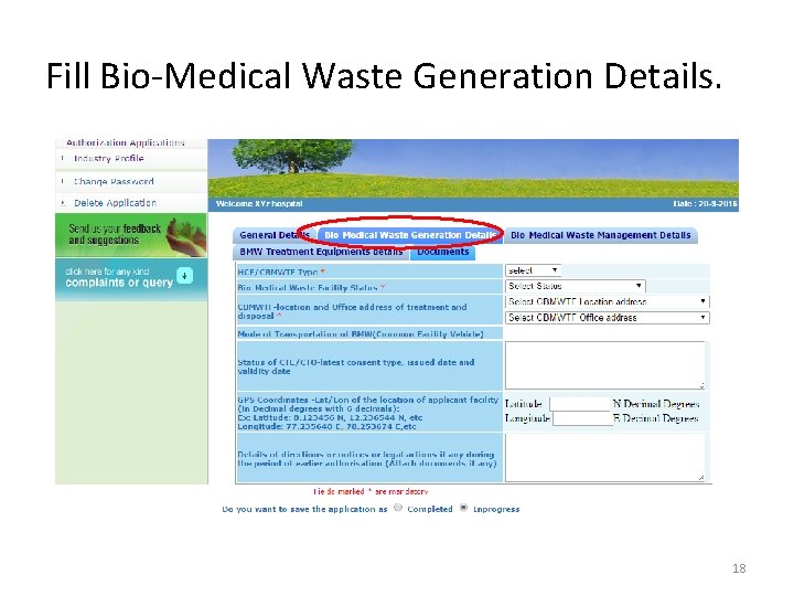 Fill Bio-Medical Waste Generation Details. 18 