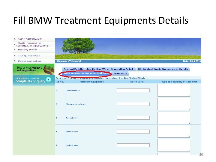 Fill BMW Treatment Equipments Details 20 