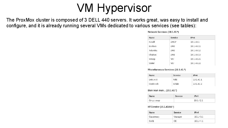 VM Hypervisor The Prox. Mox cluster is composed of 3 DELL 440 servers. It