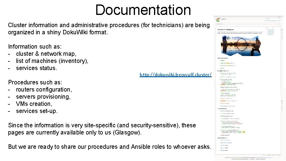 Documentation Cluster information and administrative procedures (for technicians) are being organized in a shiny