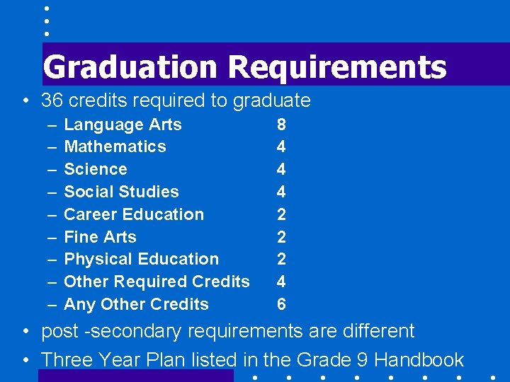 Graduation Requirements • 36 credits required to graduate – – – – – Language