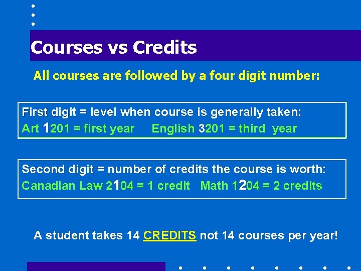 Courses vs Credits All courses are followed by a four digit number: First digit