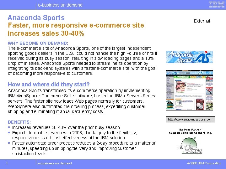 e-business on demand Anaconda Sports Faster, more responsive e-commerce site increases sales 30 -40%