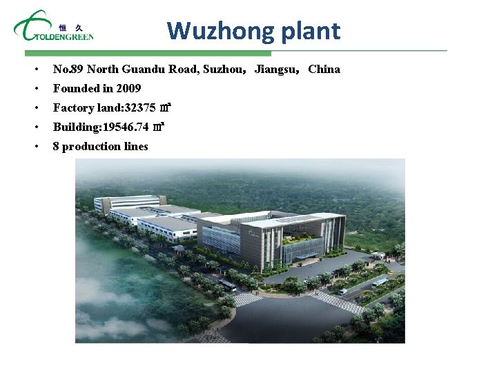 Wuzhong plant • No. 89 North Guandu Road, Suzhou，Jiangsu，China • Founded in 2009 •