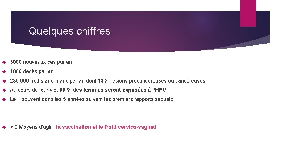 Quelques chiffres 3000 nouveaux cas par an 1000 décès par an 235 000 frottis