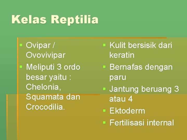 Kelas Reptilia § Ovipar / Ovovivipar § Meliputi 3 ordo besar yaitu : Chelonia,