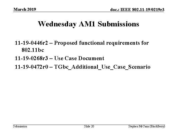 March 2019 doc. : IEEE 802. 11 -19/0219 r 3 Wednesday AM 1 Submissions