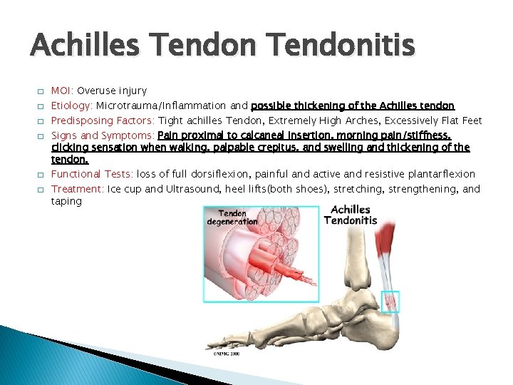 Achilles Tendonitis � � � MOI: Overuse injury Etiology: Microtrauma/Inflammation and possible thickening of