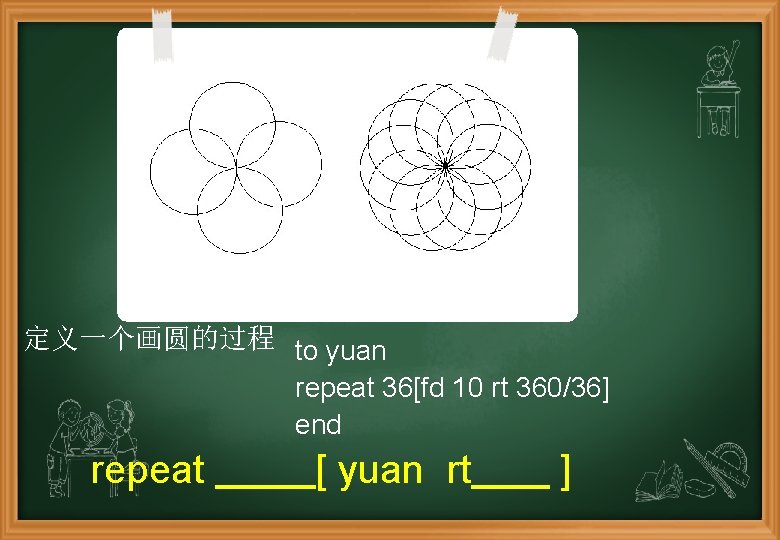 定义一个画圆的过程 to yuan repeat 36[fd 10 rt 360/36] end repeat [ yuan rt ]