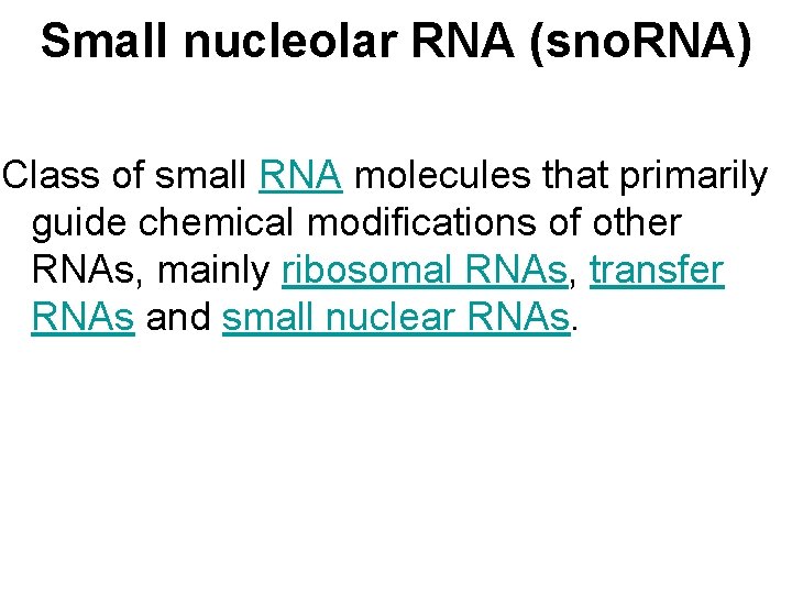 Small nucleolar RNA (sno. RNA) Class of small RNA molecules that primarily guide chemical