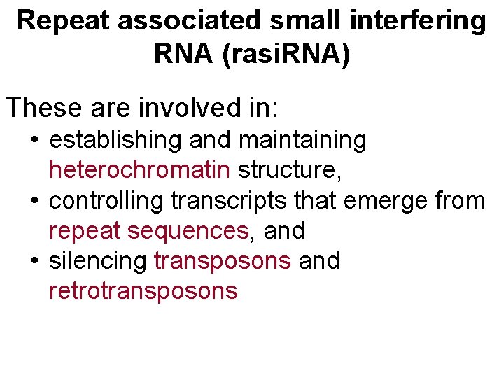 Repeat associated small interfering RNA (rasi. RNA) These are involved in: • establishing and