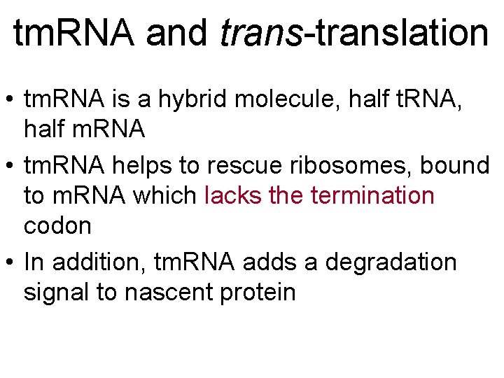 tm. RNA and trans-translation • tm. RNA is a hybrid molecule, half t. RNA,