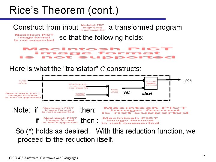 Rice’s Theorem (cont. ) Construct from input a transformed program so that the following