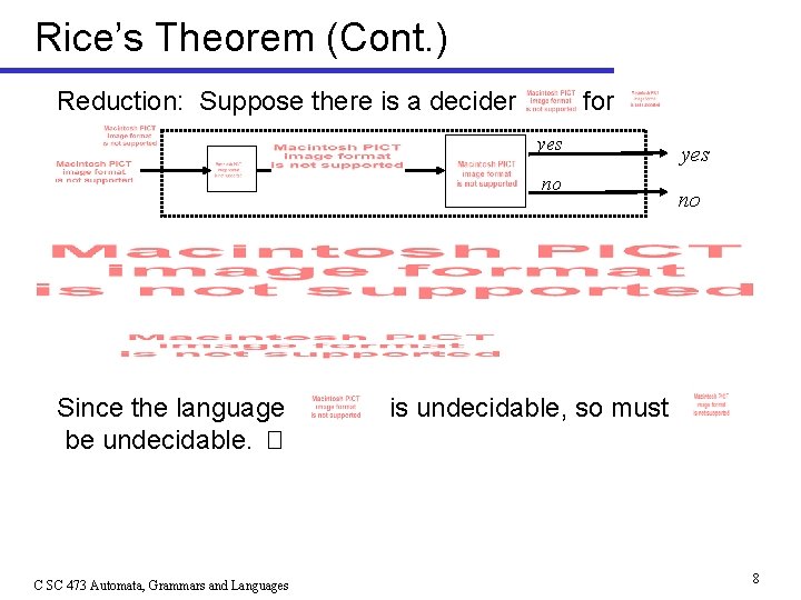 Rice’s Theorem (Cont. ) Reduction: Suppose there is a decider for yes no Since