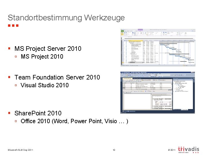 Standortbestimmung Werkzeuge § MS Project Server 2010 ú MS Project 2010 § Team Foundation