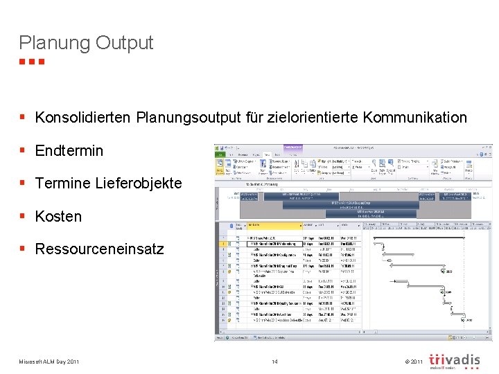 Planung Output § Konsolidierten Planungsoutput für zielorientierte Kommunikation § Endtermin § Termine Lieferobjekte §